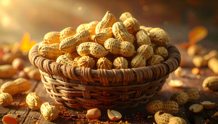 peanuts in a wicker basket on a wooden table, close-upの素材