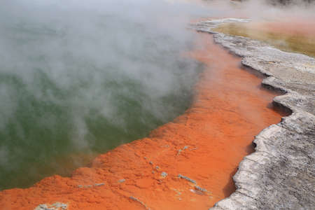 Unique steaming spring champagne pool in Wai-O-Tapu geothermal area, Rotorua, New Zealandの写真素材