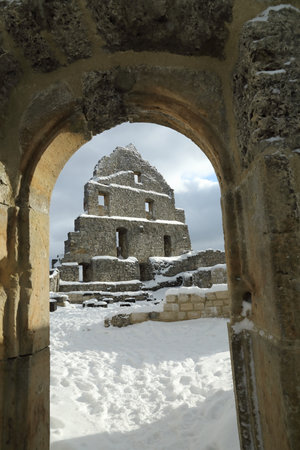 ruins Hohenurach in Bad Urach in winter time, swabian albの写真素材