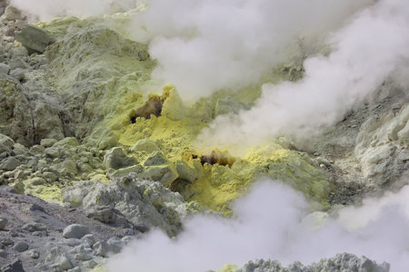 Sulfur pieces on Iozan (sulfur mountain) active volcano area, Akan National Park, Hokkaido, Japanの写真素材