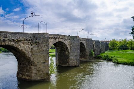 Medieval Old Bridge of Carcassonne over the Aude river built in the 14th century, Languedoc, Franceの写真素材