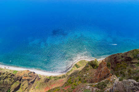 View from Cabo Girao to the agriculture fields along the coast, Madeira, Portugalの写真素材
