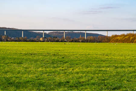 Water reservoir in the Mintarder Ruhr lea with the Ruhrtal bridge in the background Germanyの写真素材