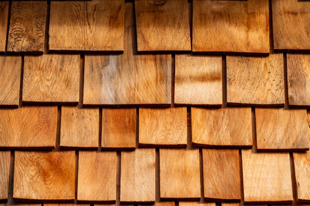 Detail shot of a wooden shingle roofの写真素材