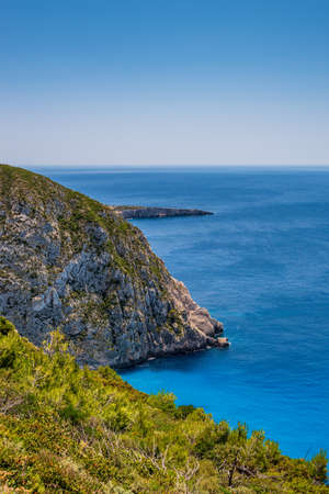 Wonderful view over the steep west coast and the blue Mediterranean Sea of Zakynthos, Greeceの写真素材