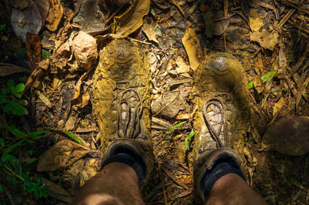 View from above of sun-lit muddy-covered hiking boots during a hiking break in the rainforestの写真素材