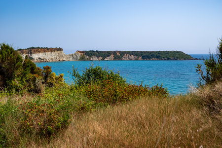 View over the bay of Gerakas and the rocky peninsula, Zakynthos, Greeceの写真素材
