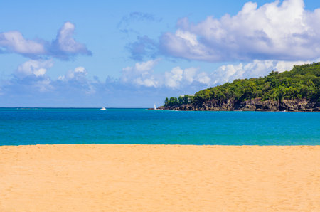 Wonderful view over the golden beach over the blue sea to white boats on the horizon and a green spit of land, white clouds in the blue sky, Guadeloupeの写真素材