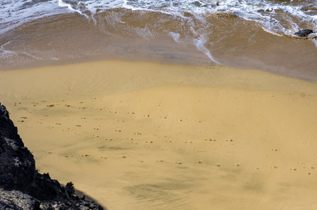 Footprints on golden beach, foaming sea at top of image, photographed from aboveの写真素材
