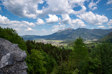 View over the Lech valley and the community of Reute on a sunny day, Austriaの写真素材