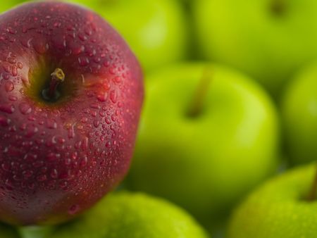 Wet, Green Apples and one Red Delicious arranged as a full frame background