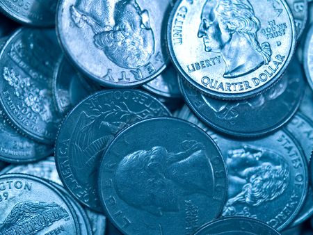 Pile of United States Coins Bluetone Quartersの写真素材