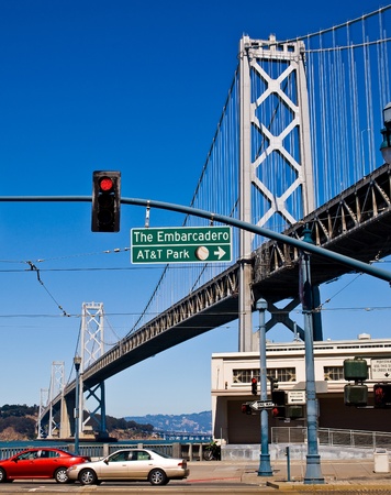 San Francisco Bay Bridge on a Clear Day with a Bright Blue Skyの写真素材