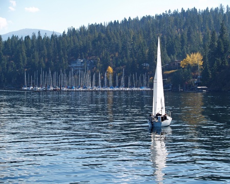 Sailboat Sailing on a Blue Mountain Lakeの写真素材