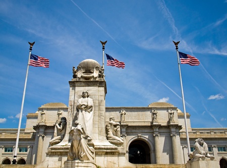 Union Station at Washington DC with Three American Flagsのeditorial素材