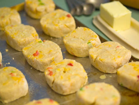Raw Biscuits on a Baking Pan Ready to Bake