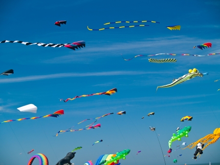 Various Colorful Kites Flying in a Bright Blue Sky at the Long Beach Kite Festivalの写真素材