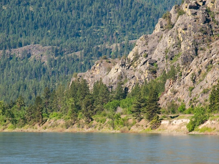 Wide Mountain River Cuts a Valley - Clark Fork River Montana USAの写真素材