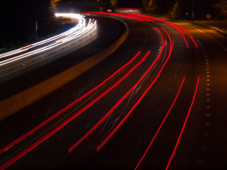 Headlight and Taillight Trails on a Busy Highway at Night