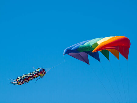 Kites Flying in Cloudless Sky at the Long Beach Kite Festival Washington USAの写真素材