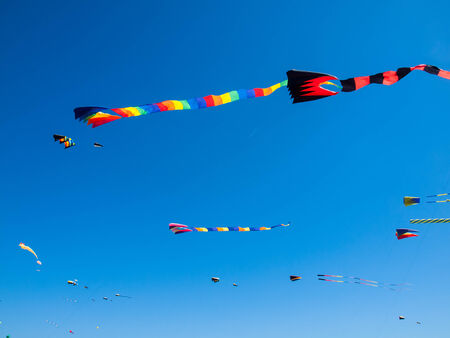 Kites Flying in Cloudless Sky at the Long Beach Kite Festival Washington USAの写真素材