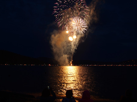 Long Exposure of Fireworks Reflecting on Calm Rippling Water