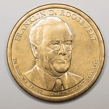 US Gold Presidential Dollar Featuring Franklin D Rooseveltの写真素材