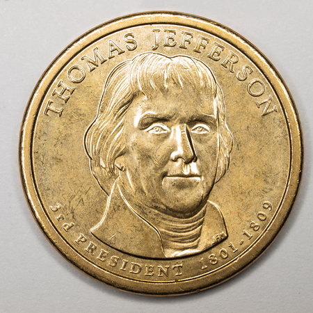 US Gold Presidential Dollar Featuring Thomas Jeffersonの写真素材