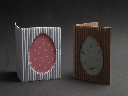 TWO HOMEMADE CARDBOARD GREETING CARDS FOR BIRTHDAYS OR EASTERの写真素材