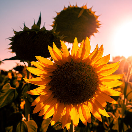 A FIELD OF SUNFLOWERS AT SUNSET, BEAUTIFUL COUNTRYSIDE IN THE MIDDLE OF NATUREの写真素材