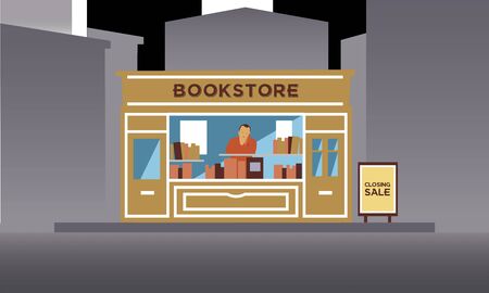 Old small independent bookstore with no costumers on the closing day saleのイラスト素材