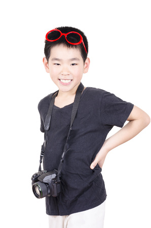 A little photographer on white backgroundの写真素材