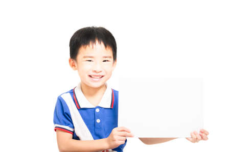 Smart child holding white paperの写真素材