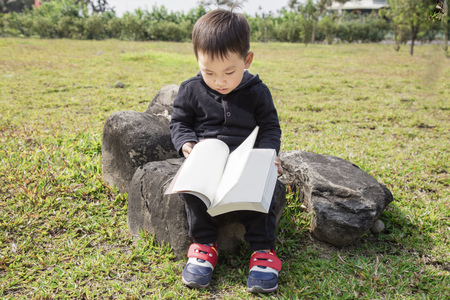 Smart kid is sitting on the rock and reading a book in the parkの写真素材
