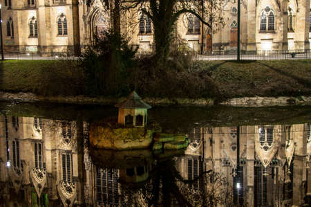 Johanneskirche Stuttgart Feuersee at nightの写真素材