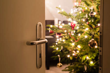 Interior shot of a modern living room with a Christmas tree as seen through the living room doorの写真素材