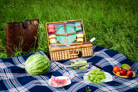 Picnic blanket and basket with fruits and wine bottle in a sunlit grassy meadow