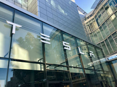 Tesla Motors logo on the showroom in Stuttgart, Germany