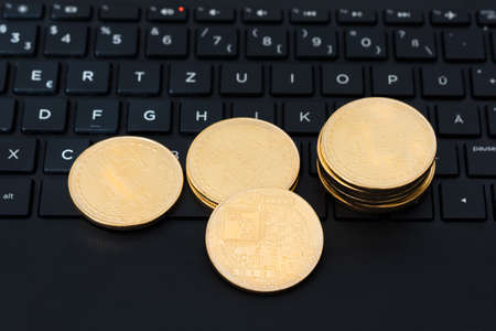 bitcoins on keyboard