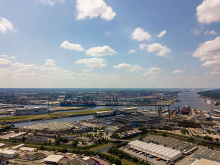 Arial view on Hamburg port with an Aida cruise ship and the Cosco Shipping Leo container shipのeditorial素材