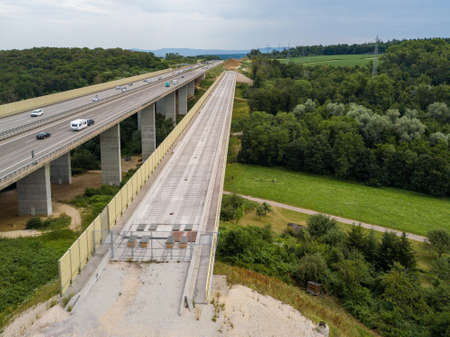 Aerial view of a German Autobahn with construction worksの写真素材
