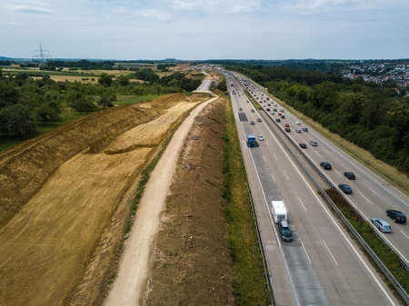 Aerial view of a German Autobahn with construction worksの写真素材