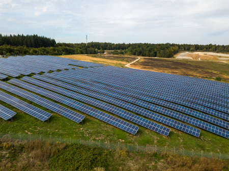 Aerial view of solar panels in solar farm