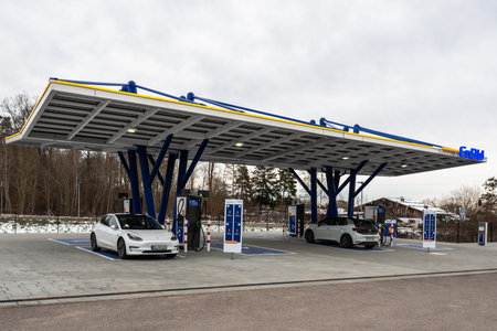 The newly opened electric vehicle charging station operated by EnBW in Rutesheim near Stuttgart at the highway A8.のeditorial素材