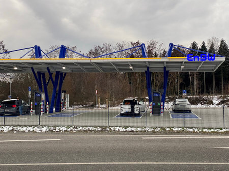 The newly opened electric vehicle charging station operated by EnBW in Rutesheim near Stuttgart at the highway A8.のeditorial素材