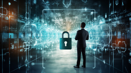 Cyber security concept: businessman with tablet, surrounded by padlock and network symbolsの素材