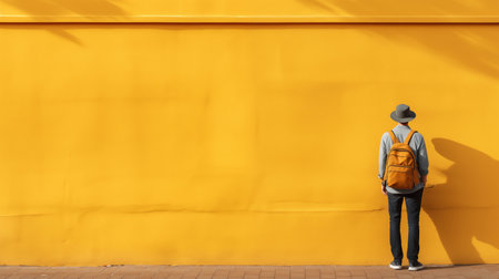 young man with yellow backpack standing in front of yellow wallの素材