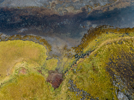 Aerial drone capturing a meandering river flowing through a lush landscape of moss and rocks in icelandの写真素材