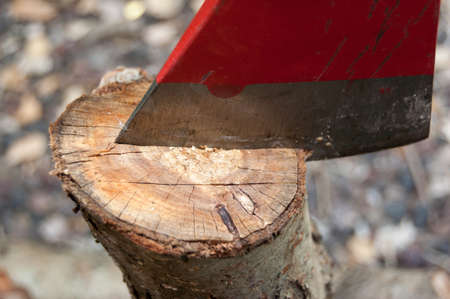A close-up shot on the axe blade which is stuck in a trunk の写真素材