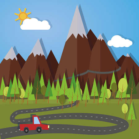 Toryism family driving through the snowy mountains. Vector image.のイラスト素材